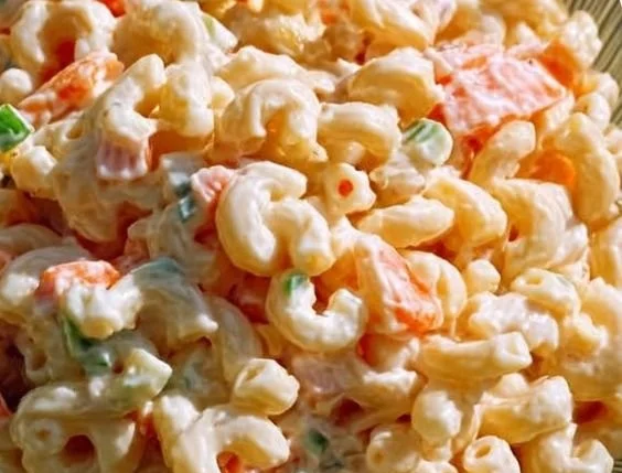 Traditional Hawaiian macaroni salad with creamy dressing and vegetables