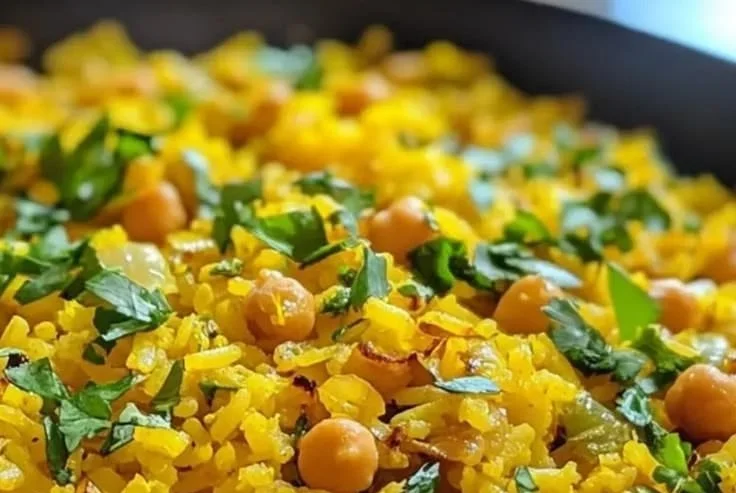 Delicious Turmeric Chickpea Rice Skillet garnished with fresh herbs