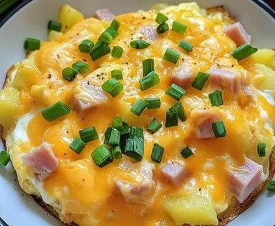 Delicious cheesy potato egg scramble plated for breakfast