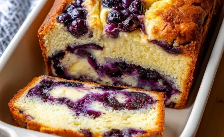 Gluten-free blueberry cottage cheese bread topped with fresh blueberries