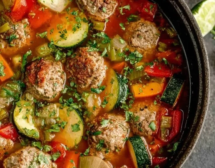 Bowl of albondigas soup with meatballs and vegetables in rich broth