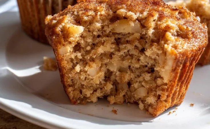 Freshly baked Apple Cinnamon Oat Fiber Muffins on a wooden table.