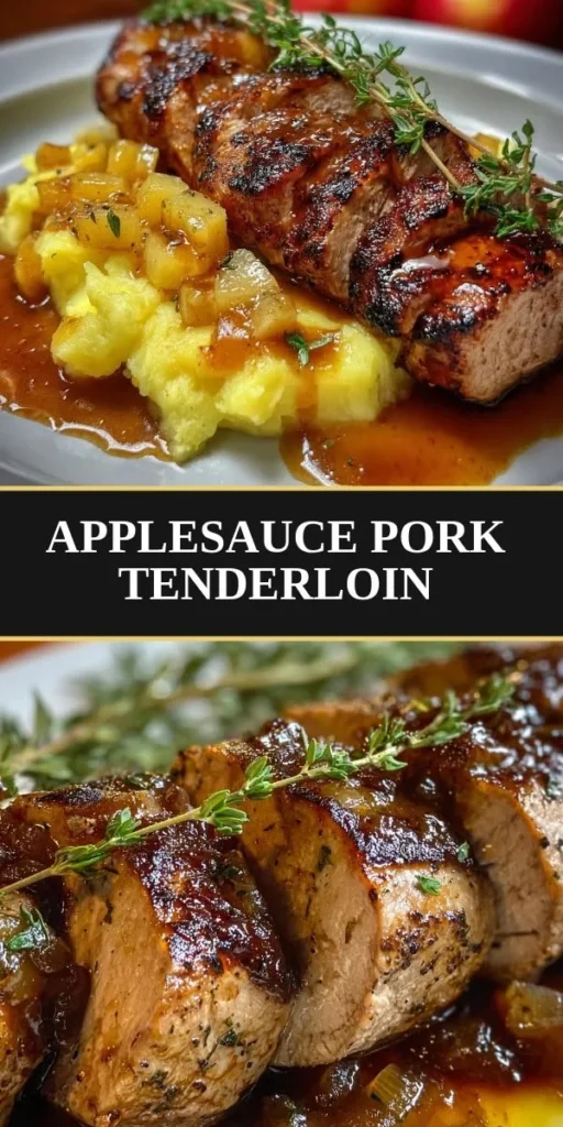 Juicy applesauce pork tenderloin served with sides on a plate.