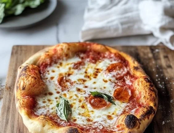 Artisan pizza dough ready for baking, showcasing its texture and preparation.