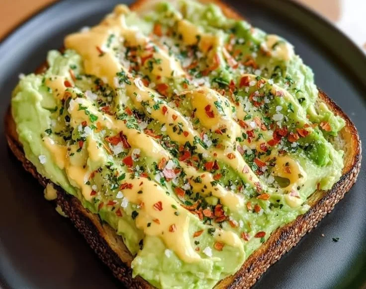 Plate of delicious avocado toast topped with cherry tomatoes and herbs