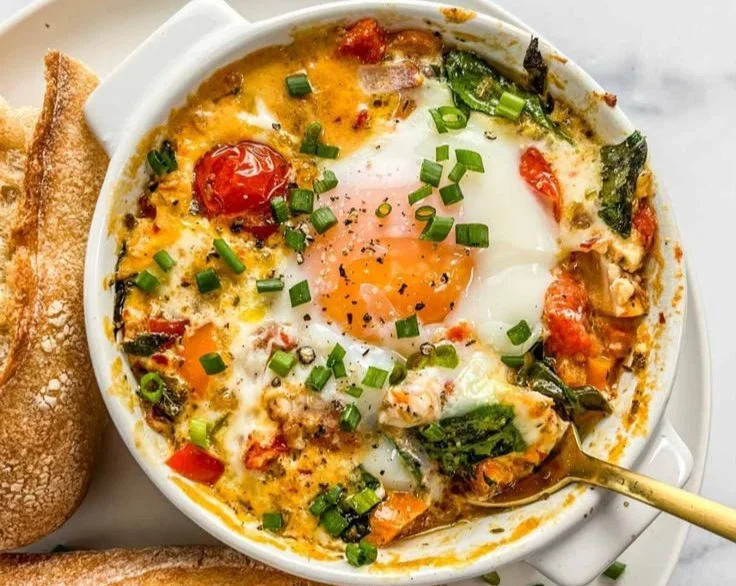 Baked feta eggs with tomatoes and spinach served in a bowl