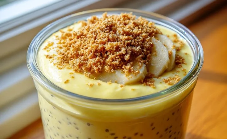 Banana cream pie blended chia pudding served in a bowl with fresh bananas