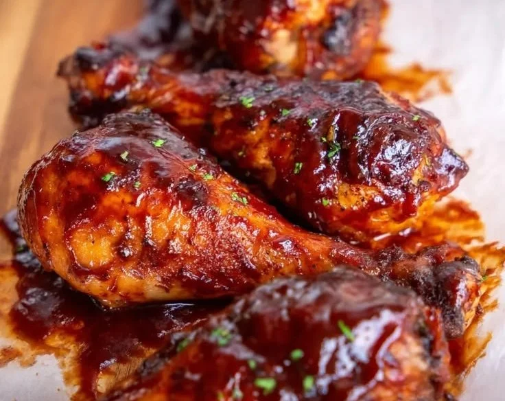 BBQ baked chicken drumsticks garnished with herbs on a plate