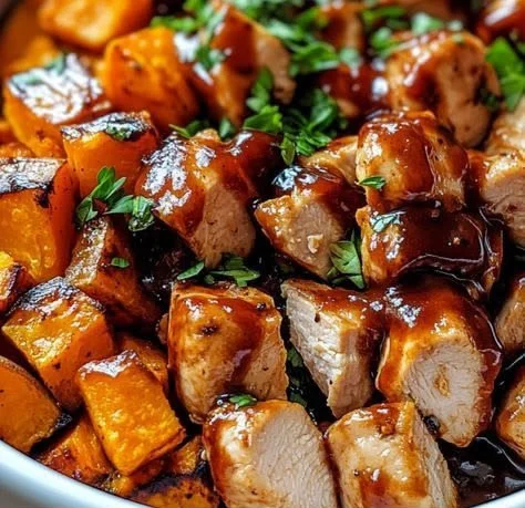 BBQ Chicken Bowl with sweet potatoes and fresh ingredients