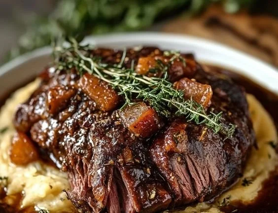 Beef Chuck Roast glazed with honey balsamic sauce served on a plate.