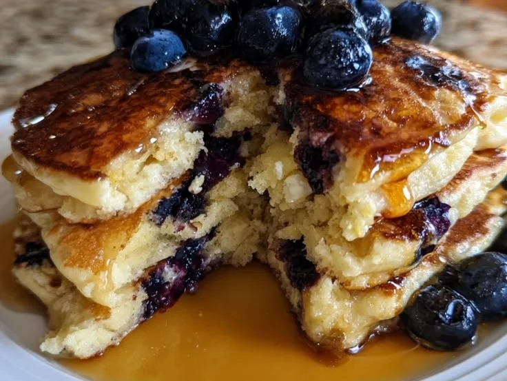 Blueberry cottage cheese pancakes served on a plate with fresh blueberries