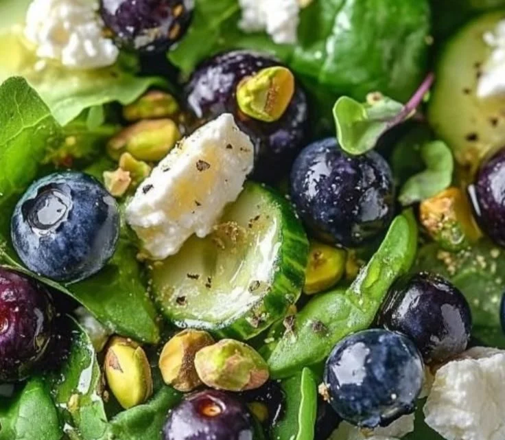 Delicious blueberry pistachio salad garnished with fresh greens