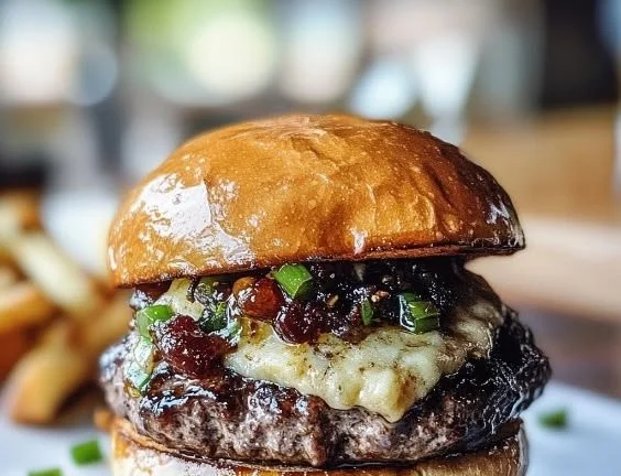 Delicious Bourbon Bacon Jam Burger topped with savory bacon and bourbon jam