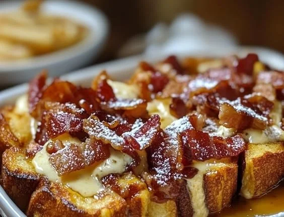 Delicious Bourbon Maple Bacon French Toast served with syrup and bacon