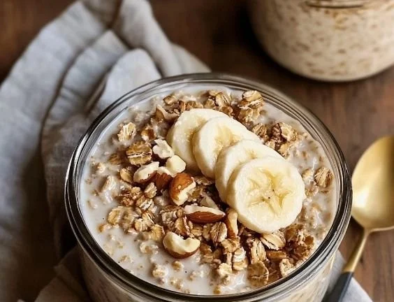 Bowl of brown sugar overnight oats topped with fruit and nuts