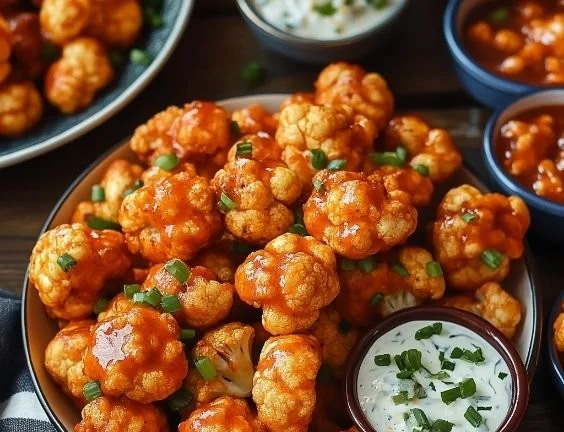 Buffalo Cauliflower Bites served on a plate with dipping sauce