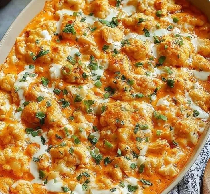 Buffalo Chicken Cauliflower Casserole topped with cheese and greens