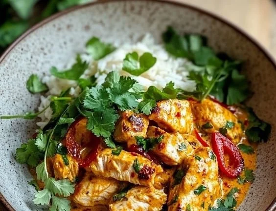 Creamy butternut squash butter chicken served in a bowl with rice