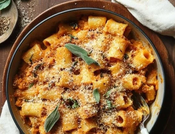 Creamy butternut squash pasta topped with fresh herbs and cheese