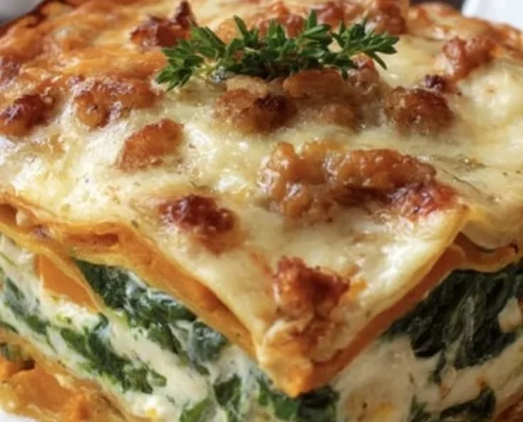 Delicious butternut squash spinach lasagna served in a white dish