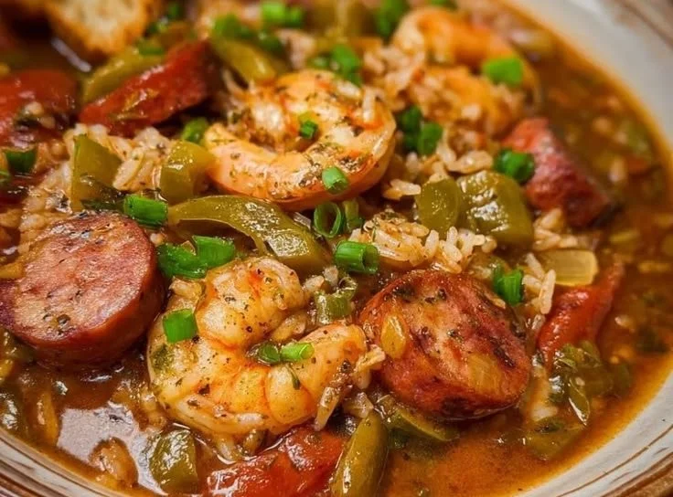 Bowl of authentic Cajun Gumbo with seafood and vegetables