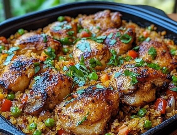 Delicious Caribbean Chicken served with rice garnished with herbs