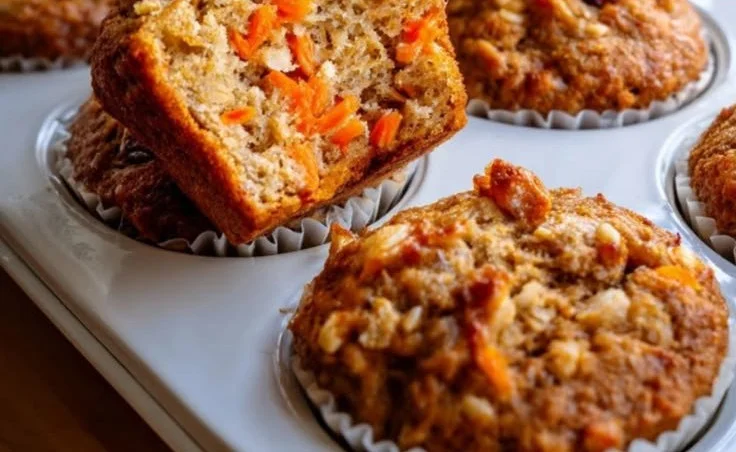 Delicious carrot cake muffins made with oats and cottage cheese, rich in protein.