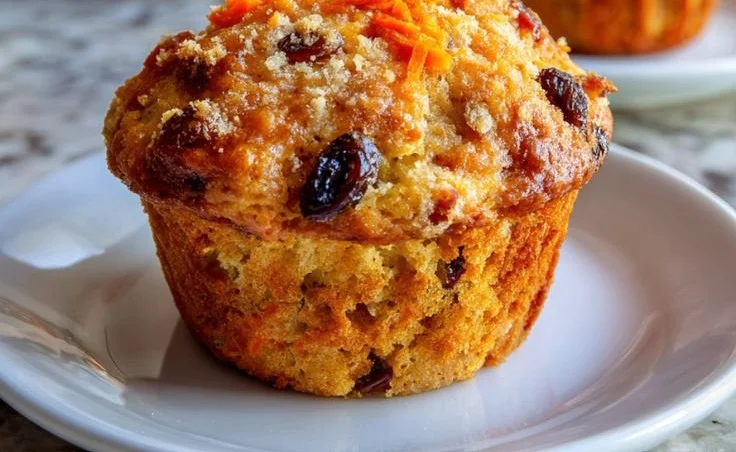 Freshly baked carrot raisin muffins with cottage cheese on a rustic table