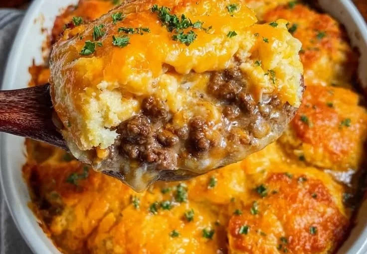 Cheddar Bay ground beef cobbler served in a bowl with herbs