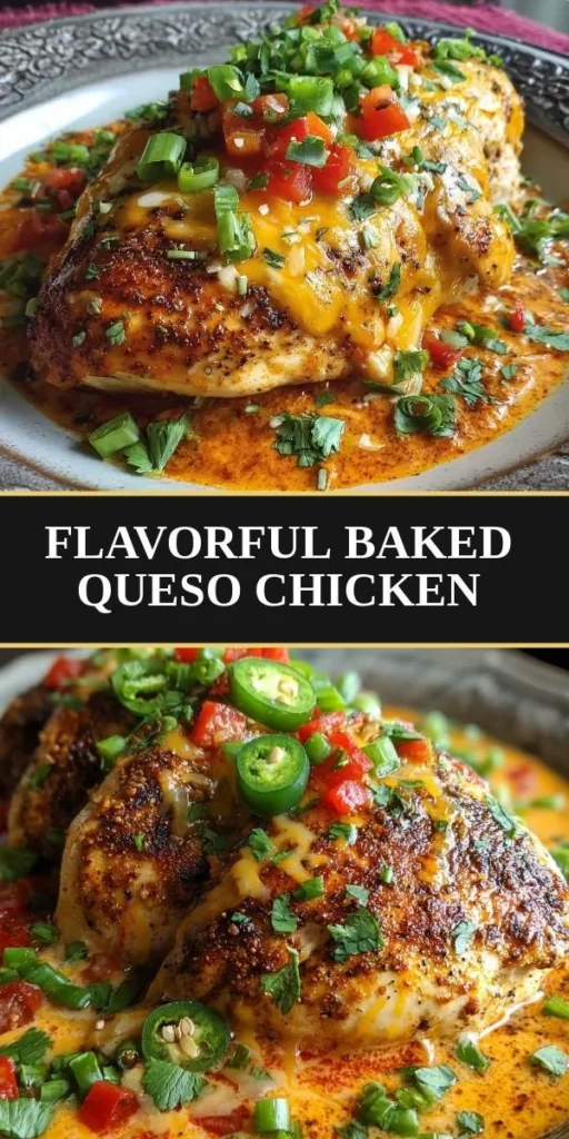 Cheesy baked queso chicken served in a skillet with melted cheese and toppings.
