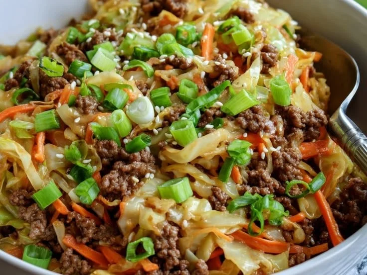 Delicious Cheesy Beef Cabbage Slaw served in a bowl with fresh ingredients