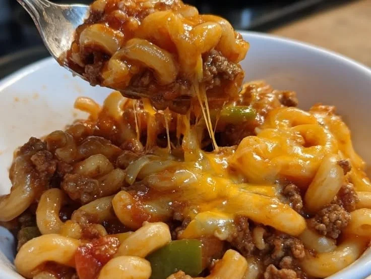 Cheesy ground beef goulash dish served in a bowl with pasta and cheese