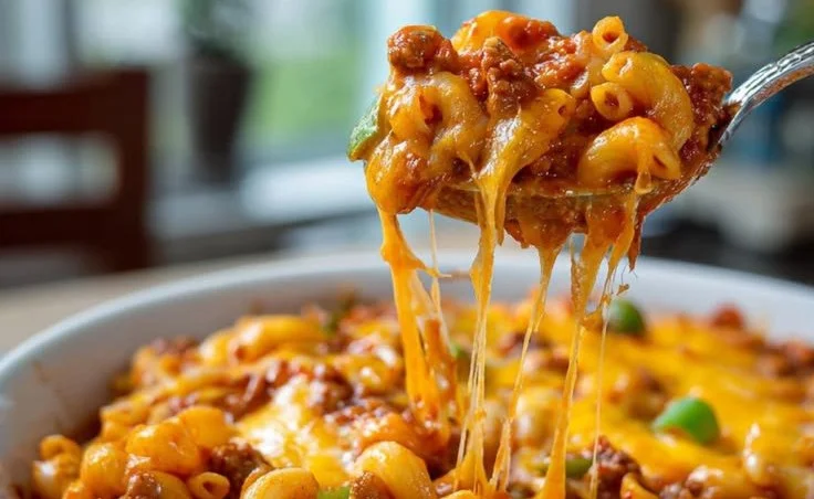 Cheesy ground beef goulash cooked in 45 minutes, served in a bowl