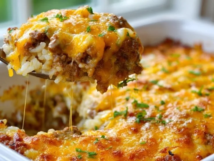 Cheesy ground beef rice casserole dish with melted cheese and ingredients