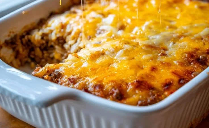 Cheesy ground beef rice casserole topped with melted cheese and herbs
