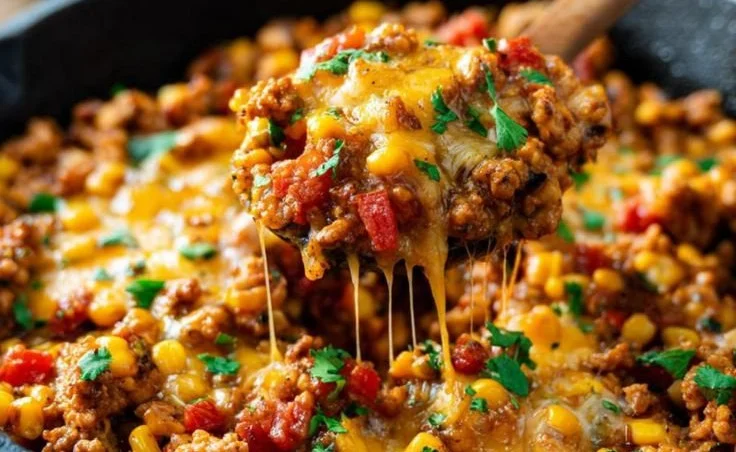 Cheesy ground chicken skillet recipe with melted cheese and colorful veggies