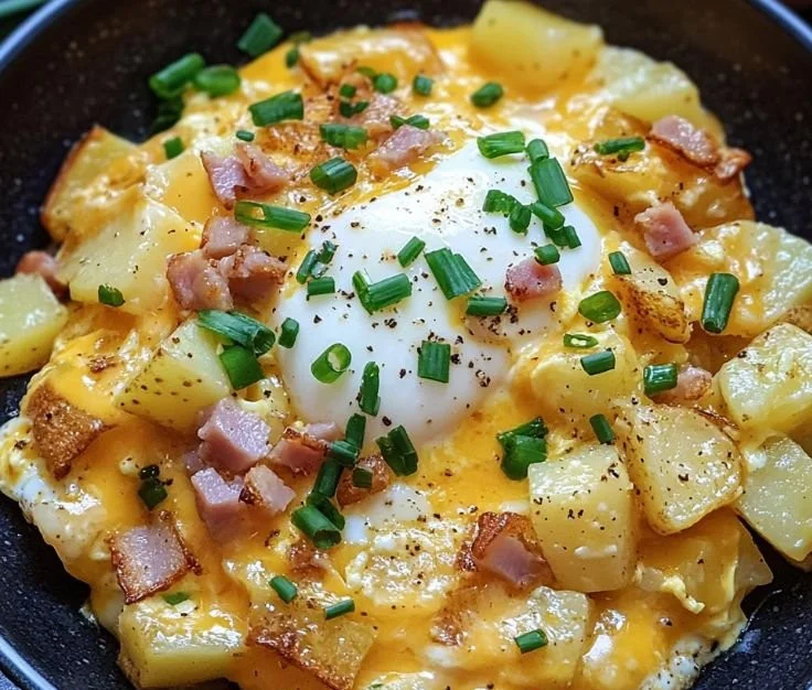 Delicious cheesy potato egg scramble served in a skillet