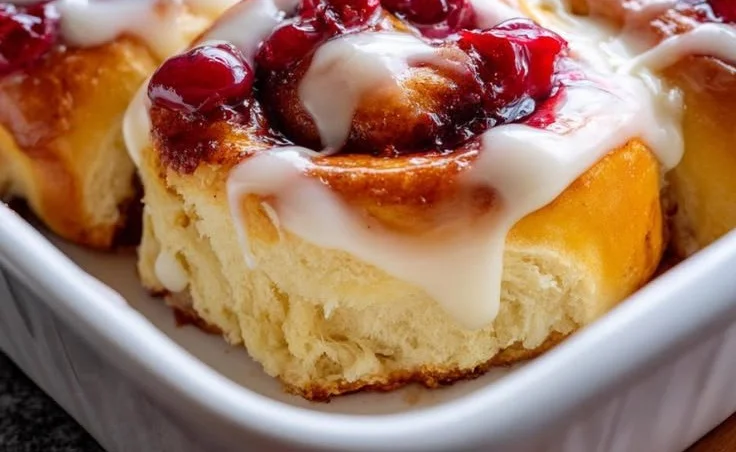 Delicious homemade cherry cinnamon rolls with a cherry glaze