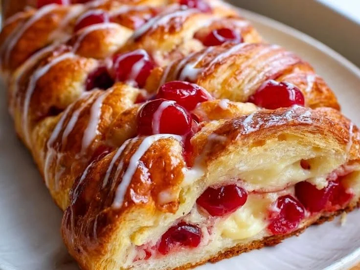 Freshly baked Cherry Cream Cheese Danish topped with cherries and cream cheese filling