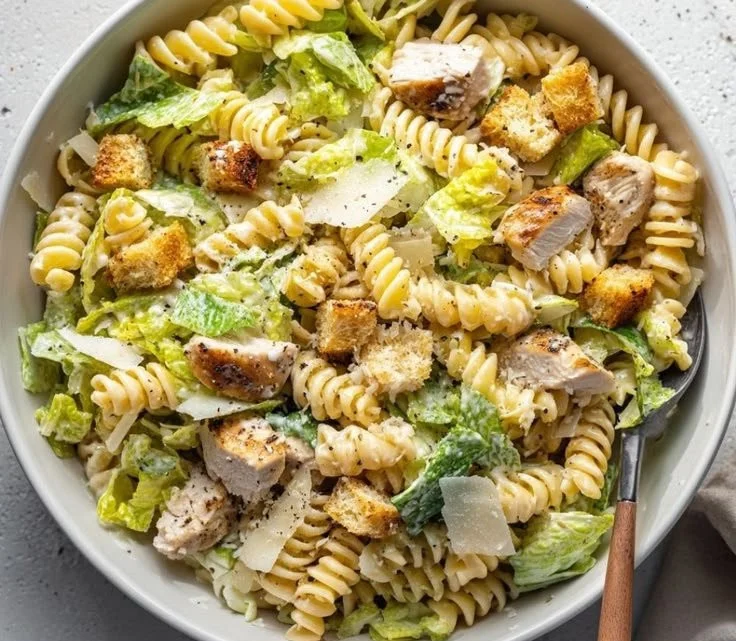 Delicious Chicken Caesar Pasta Salad with fresh ingredients and creamy dressing