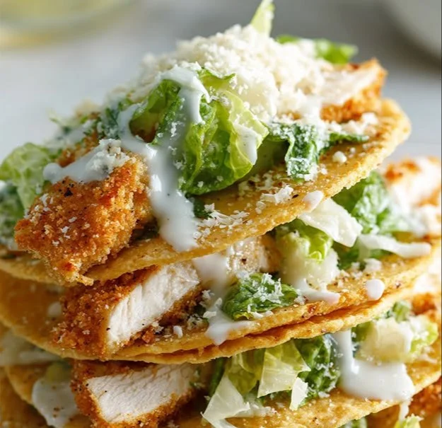 Delicious Chicken Caesar Tacos served with fresh toppings and dressing