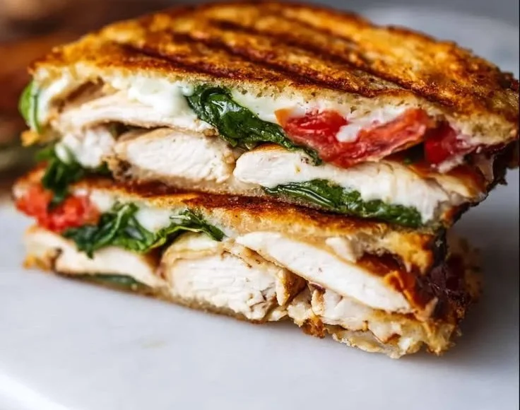 Delicious Chicken Caprese Panini with grilled chicken, mozzarella, and fresh basil.