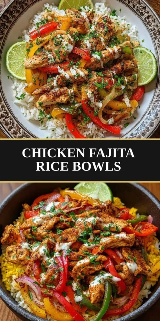 Delicious Chicken Fajita Rice Bowls topped with colorful peppers and spices