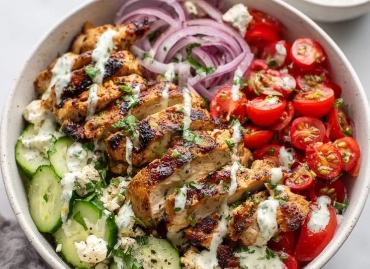 Delicious chicken gyro bowl with tender chicken, veggies, and toppings