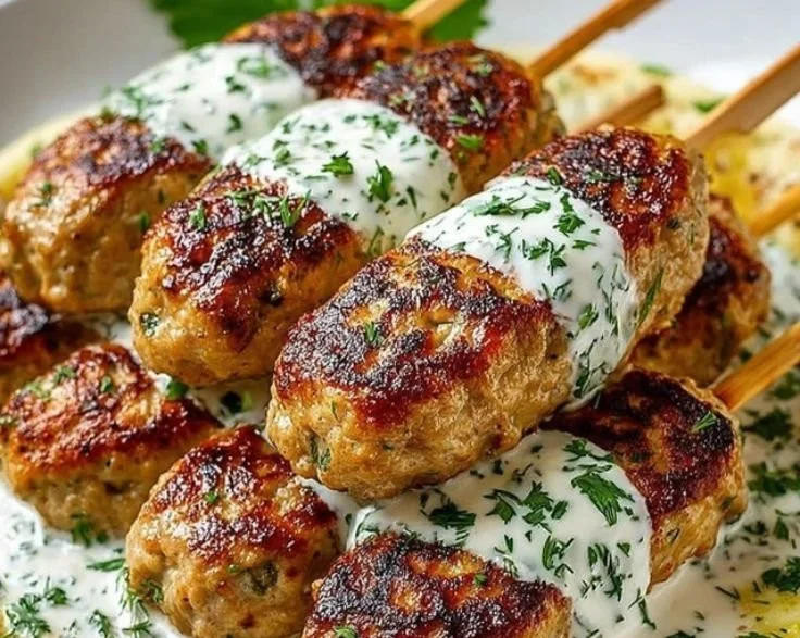 Plate of flavorful Chicken Koftas served with yogurt sauce and fresh herbs.