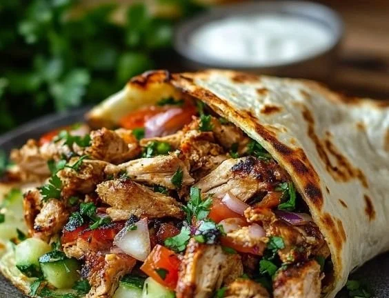 Delicious Chicken Shawarma wrap with fresh vegetables and sauce