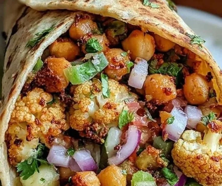 Chickpea and cauliflower wraps served with fresh vegetables on a wooden platter.
