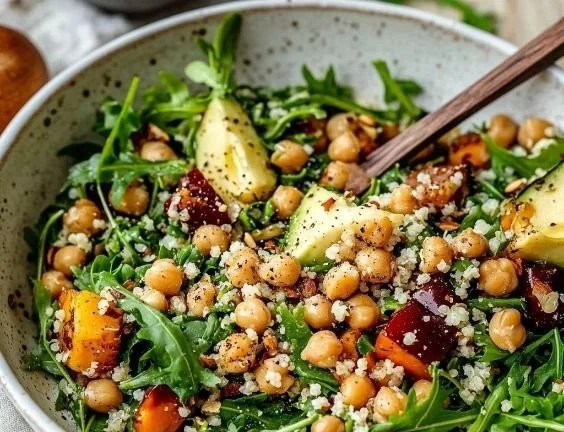 Chickpea Arugula Quinoa Salad with fresh vegetables and dressing
