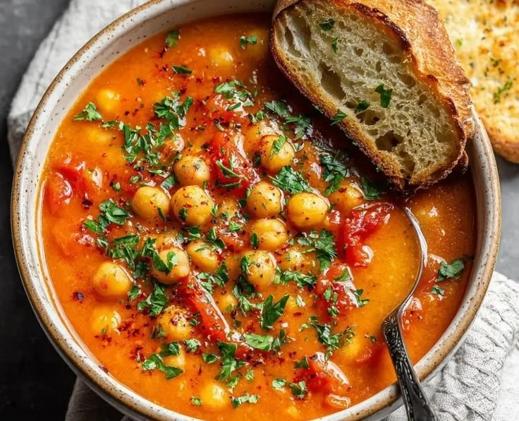 Bowl of Chickpea Tomato Soup garnished with herbs and spices