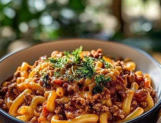 Bowl of chili mac topped with cheese and green onions, a comforting dinner dish.